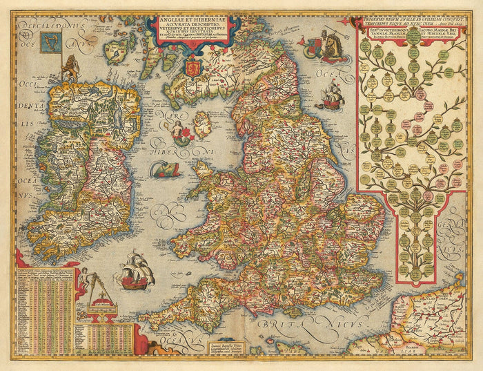 Old Colour Map of England & Ireland in 1605 by Abraham Ortelius - History & Monarchy Family Tree - Stuarts, Tudors, Plantagenets