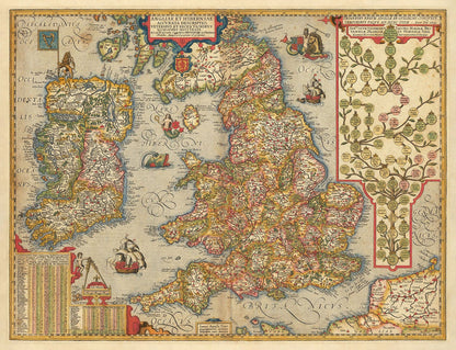 Old Colour Map of England & Ireland in 1605 by Abraham Ortelius - History & Monarchy Family Tree - Stuarts, Tudors, Plantagenets