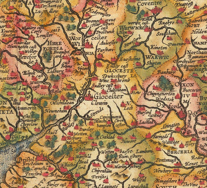 Old Colour Map of England & Ireland in 1605 by Abraham Ortelius - History & Monarchy Family Tree - Stuarts, Tudors, Plantagenets