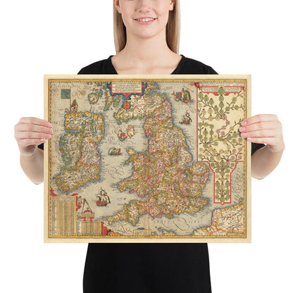 Old Colour Map of England & Ireland in 1605 by Abraham Ortelius - History & Monarchy Family Tree - Stuarts, Tudors, Plantagenets