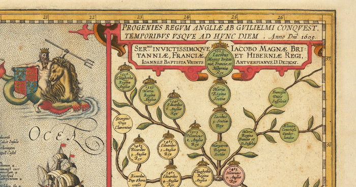 Old Colour Map of England & Ireland in 1605 by Abraham Ortelius - History & Monarchy Family Tree - Stuarts, Tudors, Plantagenets