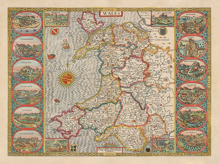 Old Colour Map of Wales, Cymru by John Speed, 1610