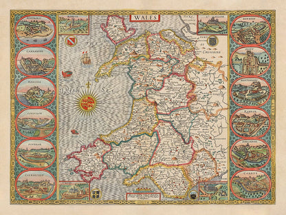 Old Colour Map of Wales, Cymru by John Speed, 1610
