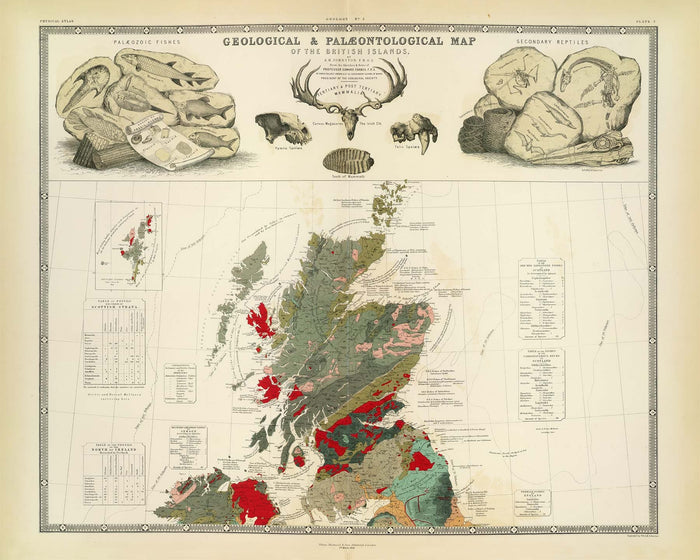 Old Geology & Palaeontology Map of Scotland, 1854, by A.K. Johnston and Edward Forbes - Rare Fossil Wall Chart