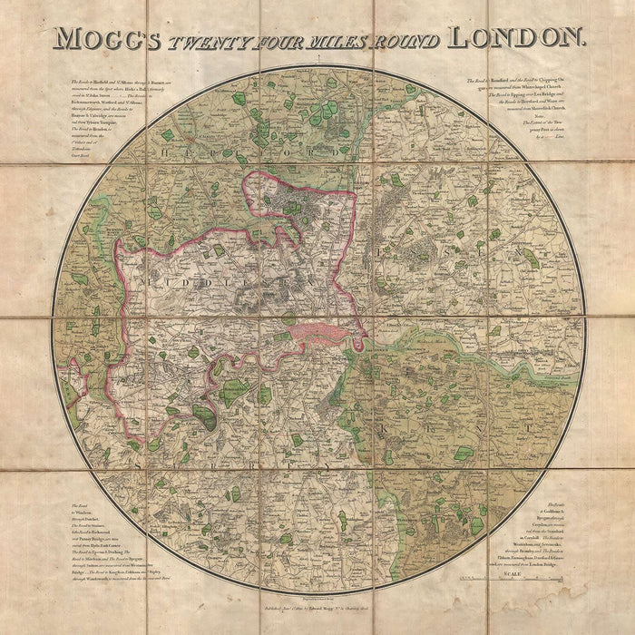 Old London Map: Mogg's 24 miles around London, 1820