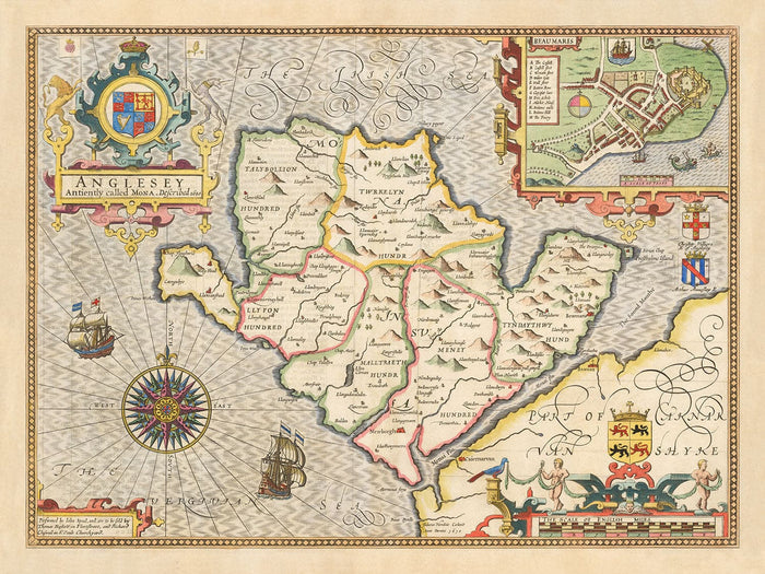 Old Map of Anglesey Wales, 1611 by John Speed - Holyhead, Llanfairpwllgwyngyll, Bangor