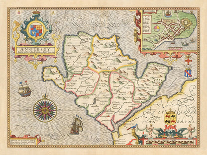 Old Map of Anglesey Wales, 1611 by John Speed - Holyhead, Llanfairpwllgwyngyll, Bangor