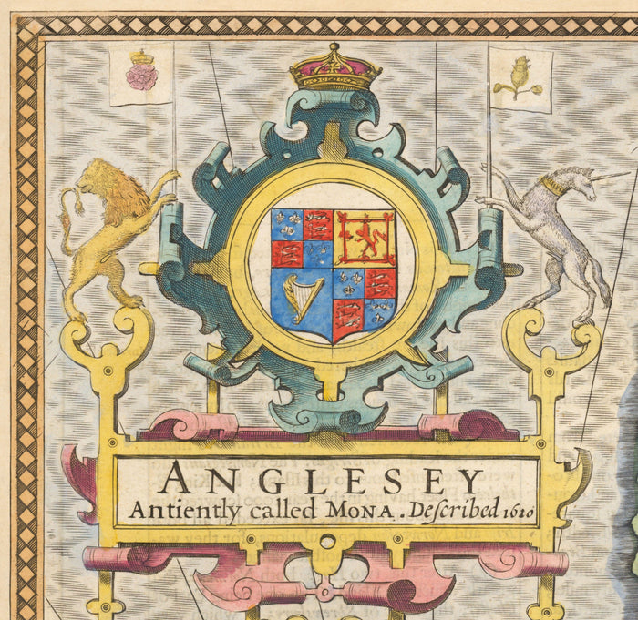 Old Map of Anglesey Wales, 1611 by John Speed - Holyhead, Llanfairpwllgwyngyll, Bangor