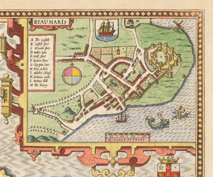 Old Map of Anglesey Wales, 1611 by John Speed - Holyhead, Llanfairpwllgwyngyll, Bangor
