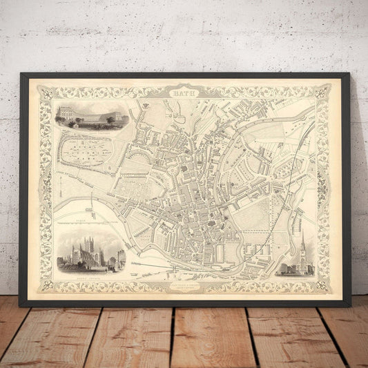 Old Map of Bath by John Rapkin, 1851 - Circus, Royal Crescent, Abbey, Roman Baths