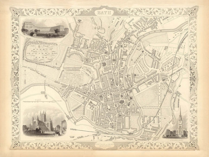 Old Map of Bath by John Rapkin, 1851 - Circus, Royal Crescent, Abbey, Roman Baths
