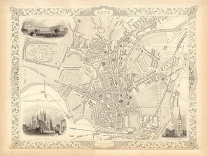 Old Map of Bath by John Rapkin, 1851 - Circus, Royal Crescent, Abbey, Roman Baths