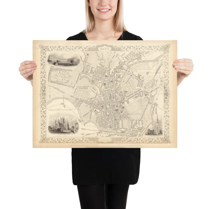 Old Map of Bath by John Rapkin, 1851 - Circus, Royal Crescent, Abbey, Roman Baths
