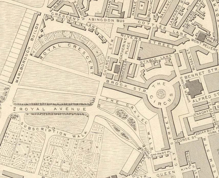Old Map of Bath by John Rapkin, 1851 - Circus, Royal Crescent, Abbey, Roman Baths