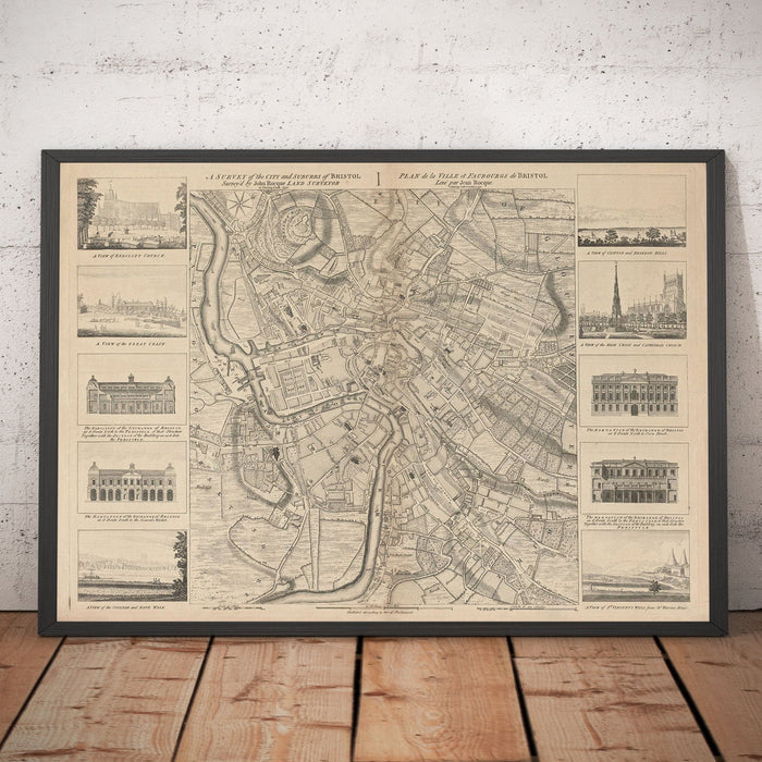 Old Map of Bristol in 1750 by John Rocque - Clifton, Kingsdown, Redcliffe, Cathedral City Chart