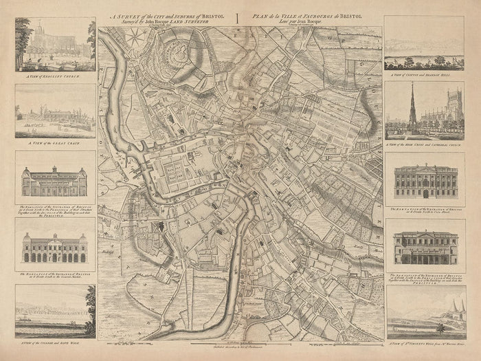 Old Map of Bristol in 1750 by John Rocque - Clifton, Kingsdown, Redcliffe, Cathedral City Chart