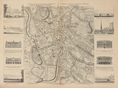 Old Map of Bristol in 1750 by John Rocque - Clifton, Kingsdown, Redcliffe, Cathedral City Chart