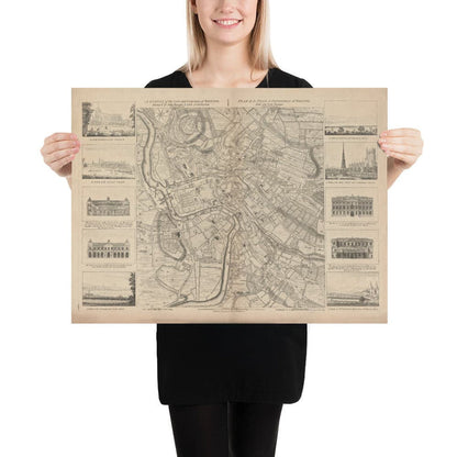 Old Map of Bristol in 1750 by John Rocque - Clifton, Kingsdown, Redcliffe, Cathedral City Chart