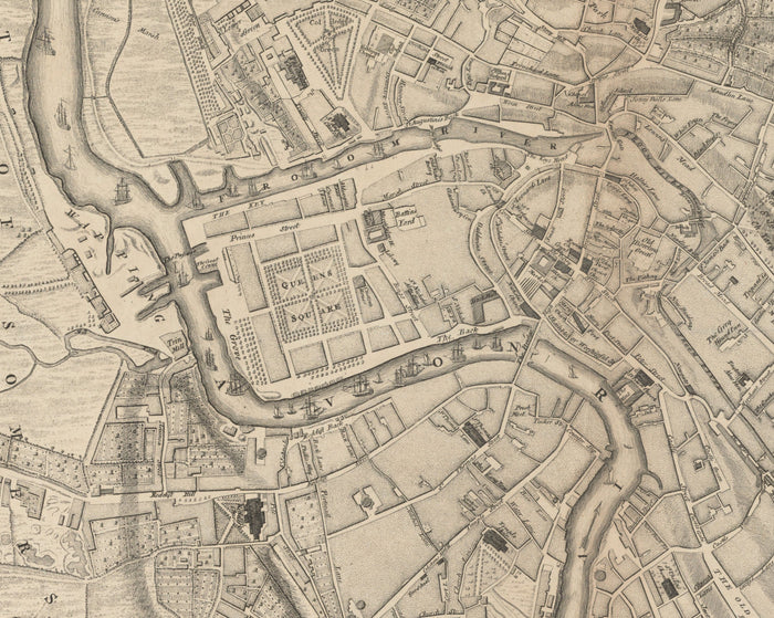 Old Map of Bristol in 1750 by John Rocque - Clifton, Kingsdown, Redcliffe, Cathedral City Chart