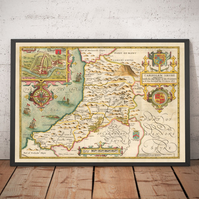 Old Map of Ceredigion Wales, 1611 by John Speed - Cardiganshire, Aberystwyth, Cardigan
