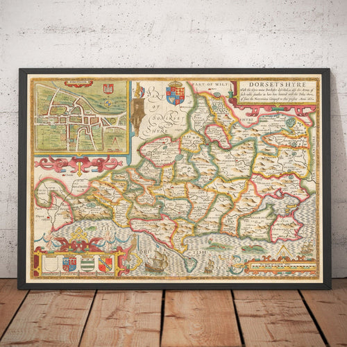 Old Map of Dorset in 1611 by John Speed - Poole, Weymouth, Dorchester, Bridport