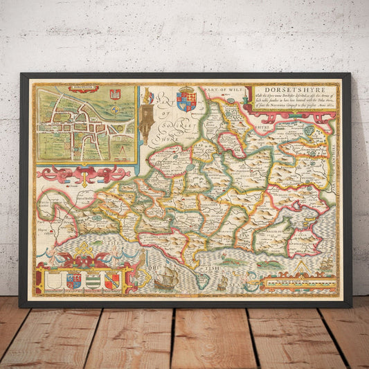 Old Map of Dorset in 1611 by John Speed - Poole, Weymouth, Dorchester, Bridport