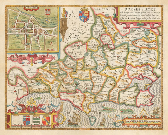 Old Map of Dorset in 1611 by John Speed - Poole, Weymouth, Dorchester, Bridport