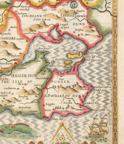 Old Map of Dorset in 1611 by John Speed - Poole, Weymouth, Dorchester, Bridport