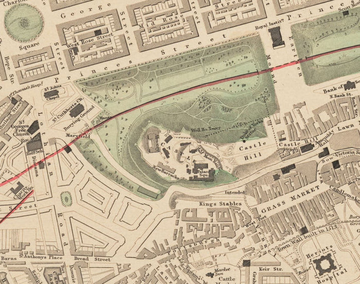 Old Map of Edinburgh, Scotland in 1853 by WB Clarke and George Cox - Waverley, Old Town, New Town, Castle, Railway, Arthurs Seat