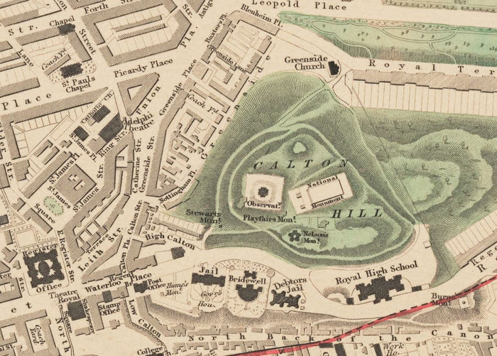 Old Map of Edinburgh, Scotland in 1853 by WB Clarke and George Cox - Waverley, Old Town, New Town, Castle, Railway, Arthurs Seat