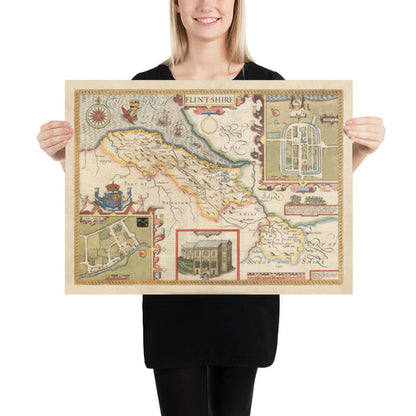Old Map of Flintshire Wales, 1611 by John Speed - Flint, Mold, Chester, Wrexham