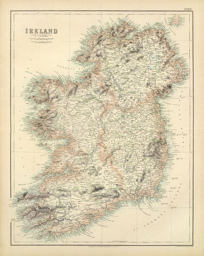 Old Map of Ireland in 1872 - Rare, Attractive Colour Map by A. Fullarton & Co