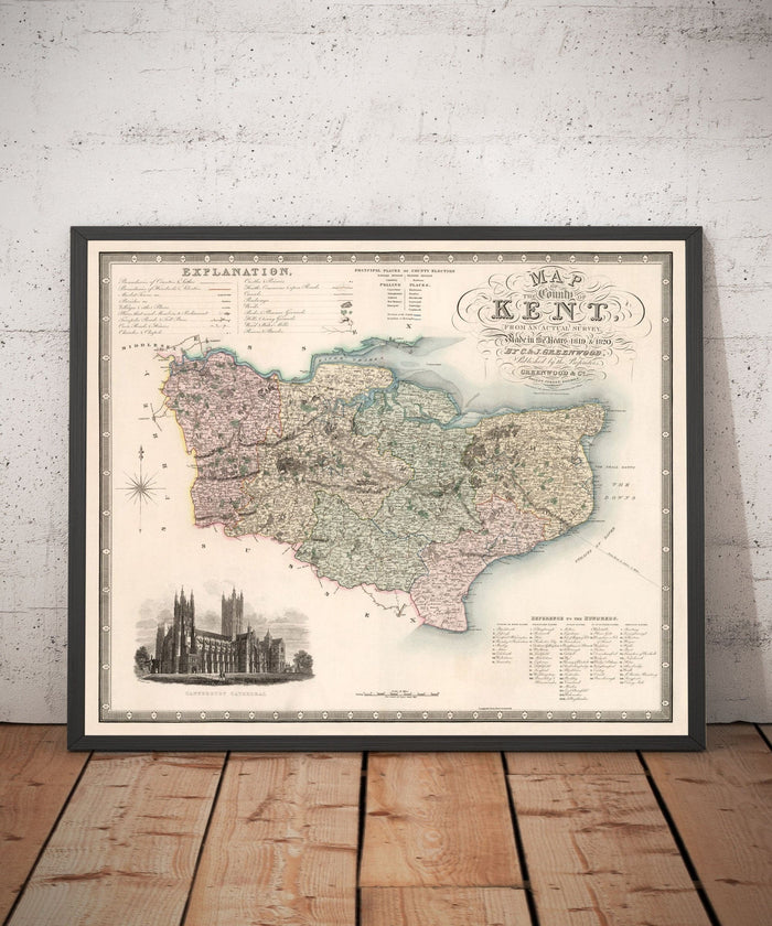 Old Map of Kent, 1829 by Greenwood & Co. - Canterbury, Maidstone, Bromley, Tunbridge, Margate