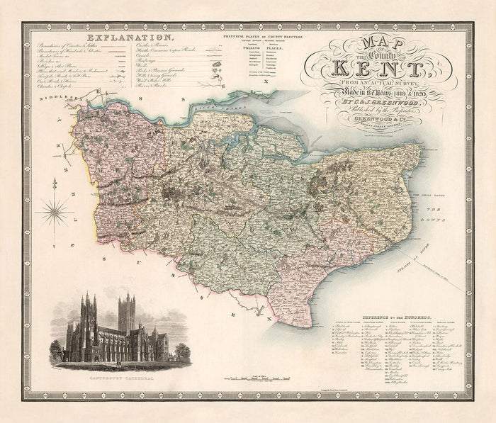 Old Map of Kent, 1829 by Greenwood & Co. - Canterbury, Maidstone, Bromley, Tunbridge, Margate