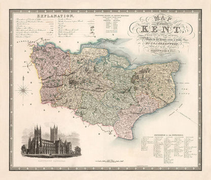Old Map of Kent, 1829 by Greenwood & Co. - Canterbury, Maidstone, Bromley, Tunbridge, Margate