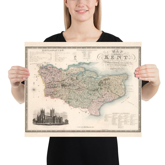Old Map of Kent, 1829 by Greenwood & Co. - Canterbury, Maidstone, Bromley, Tunbridge, Margate
