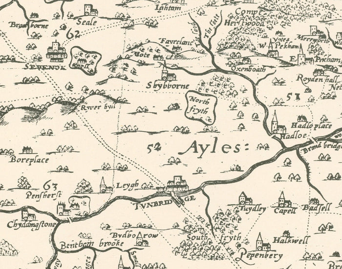 Old map of Kent in 1596 by Philip Symonson - Dartford, Maidstone, Bromley, Tunbridge, Gillingham, Chatham