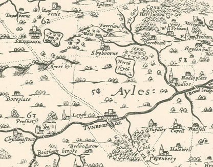 Old map of Kent in 1596 by Philip Symonson - Dartford, Maidstone, Bromley, Tunbridge, Gillingham, Chatham