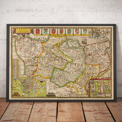 Old Map of Kent in 1611 by John Speed - Dartford, Maidstone, Bromley, Tunbridge, Gillingham, Chatham