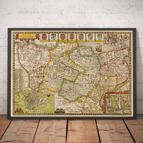 Old Map of Kent in 1611 by John Speed - Dartford, Maidstone, Bromley, Tunbridge, Gillingham, Chatham