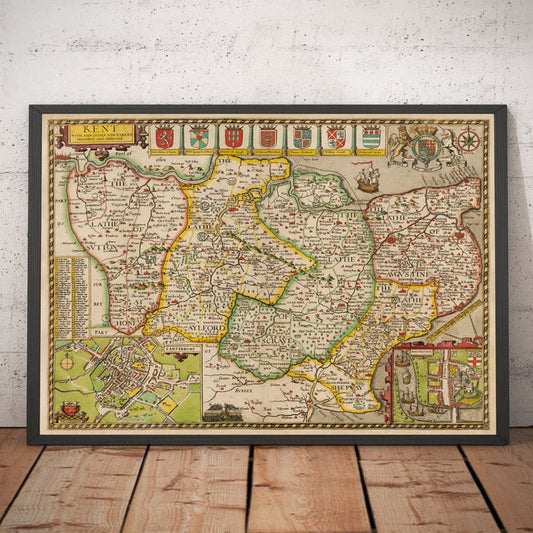 Old Map of Kent in 1611 by John Speed - Dartford, Maidstone, Bromley, Tunbridge, Gillingham, Chatham