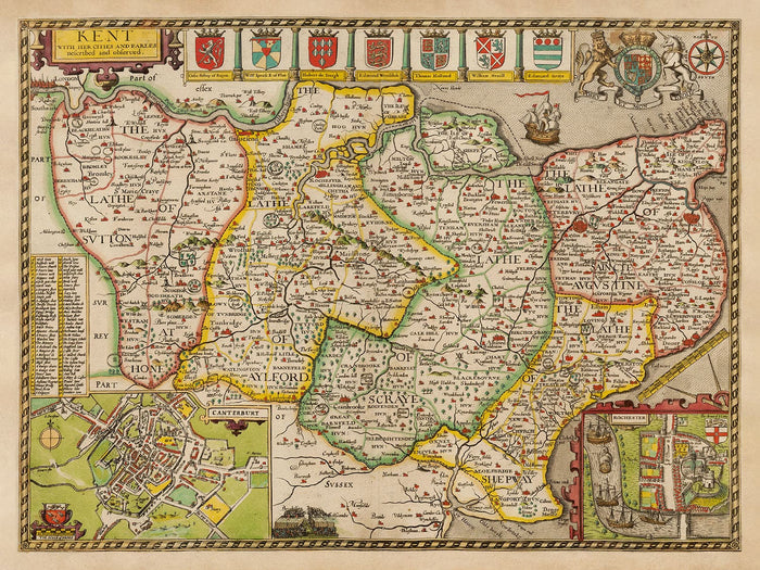 Old Map of Kent in 1611 by John Speed - Dartford, Maidstone, Bromley, Tunbridge, Gillingham, Chatham