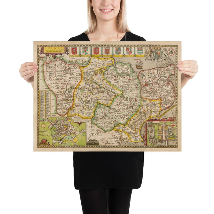 Old Map of Kent in 1611 by John Speed - Dartford, Maidstone, Bromley, Tunbridge, Gillingham, Chatham