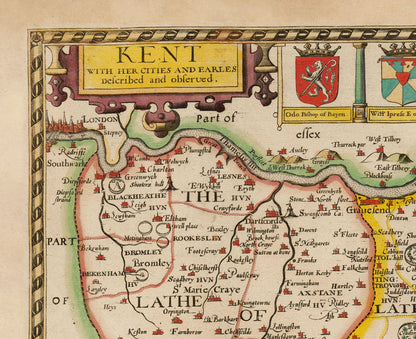 Old Map of Kent in 1611 by John Speed - Dartford, Maidstone, Bromley, Tunbridge, Gillingham, Chatham