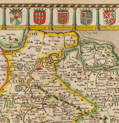 Old Map of Kent in 1611 by John Speed - Dartford, Maidstone, Bromley, Tunbridge, Gillingham, Chatham