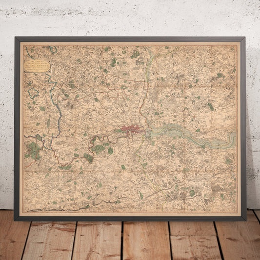 Old Map of London and Suburbs (25 miles) in 1790, by W. Faden - Kent, Sussex, Surrey, Essex, Middlesex, Hertfordshire