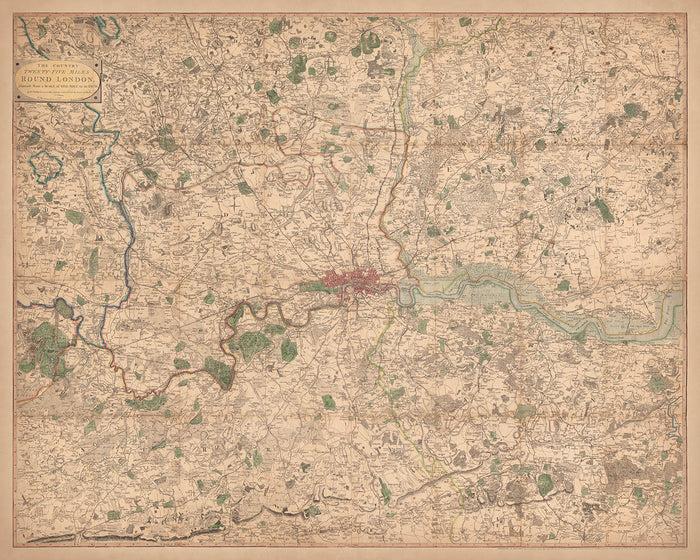 Old Map of London and Suburbs (25 miles) in 1790, by W. Faden - Kent, Sussex, Surrey, Essex, Middlesex, Hertfordshire