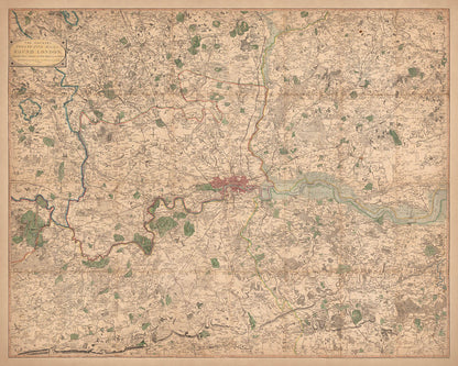 Old Map of London and Suburbs (25 miles) in 1790, by W. Faden - Kent, Sussex, Surrey, Essex, Middlesex, Hertfordshire
