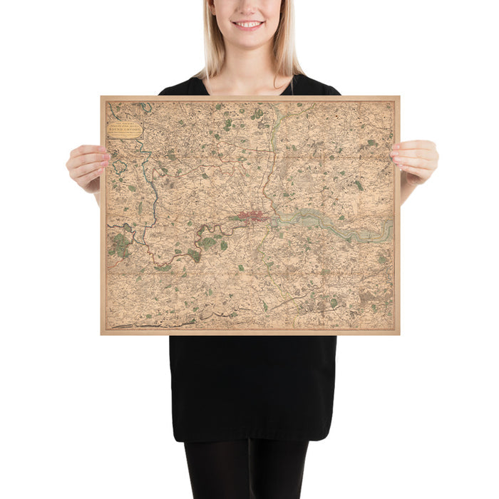 Old Map of London and Suburbs (25 miles) in 1790, by W. Faden - Kent, Sussex, Surrey, Essex, Middlesex, Hertfordshire