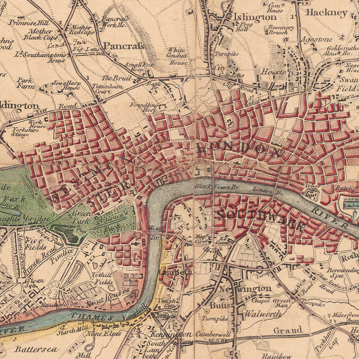Old Map of London and Suburbs (25 miles) in 1790, by W. Faden - Kent, Sussex, Surrey, Essex, Middlesex, Hertfordshire